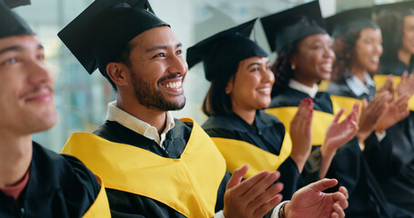 Happy man, applause and graduation with success at college for achievement, goal or education...