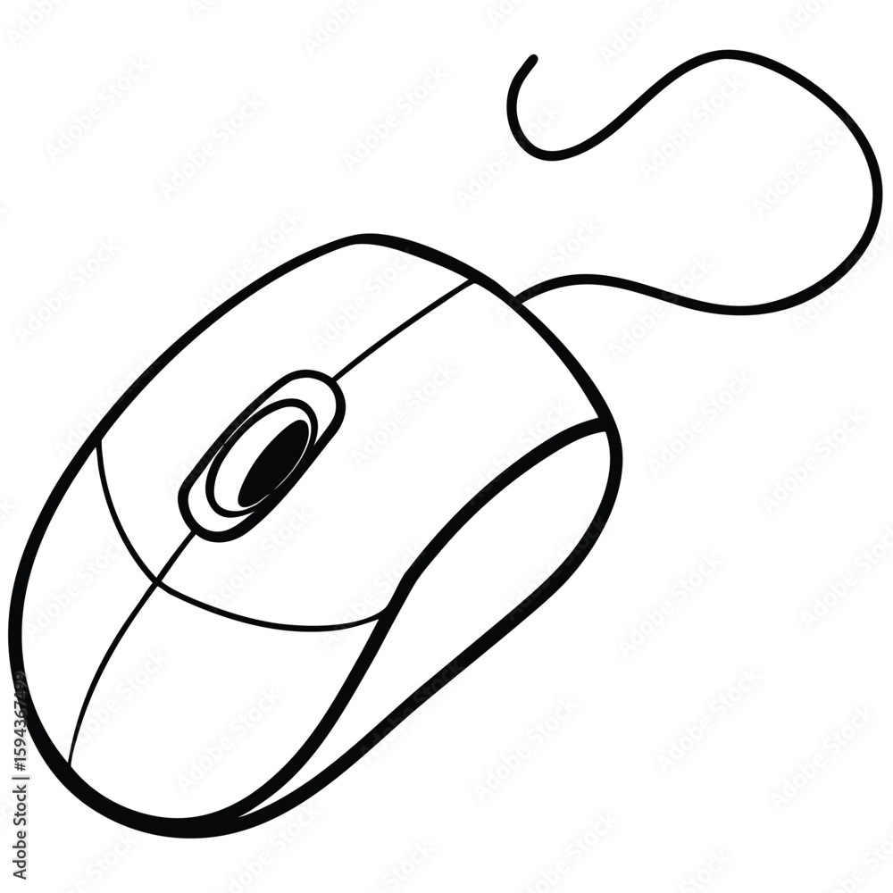 Fototapete Simple black and white line drawing of a classic computer mouse with a curved cord perfect for technology and design concepts