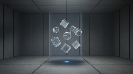 Suspended Cubes and Spheres: A futuristic scene unfolds within a minimalist concrete room, where translucent cubes and spheres float, hinting at advanced technology or a conceptual art piece.