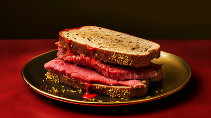 Montreal Smoked Meat - Spiced beef brisket served on rye bread on red saucer with gold edges, high-key lighting, food photography style, white background