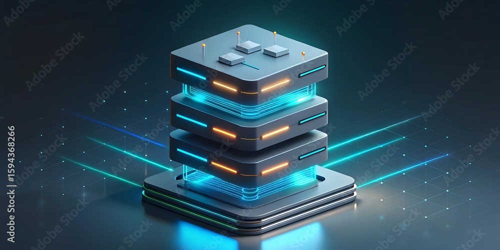 Poster futuristic server rack with glowing blue and orange lights, representing data processing and technol