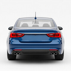 Rear view of a sleek blue sedan.