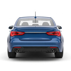 Rear view of a sleek blue sedan.