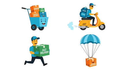 Delivery Vector Illustration Efficient Express Free Shipping for Online Shop & E-commerce with Courier Services Bike, Motorcycle, Truck, Handcart
