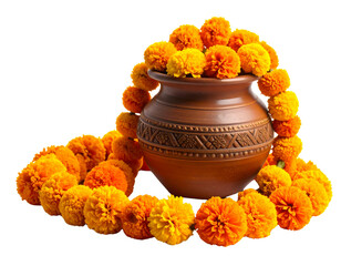 Side View of Marigold Garland Loops with Ornamental Earthen Pot Isolated Transparent Background PNG