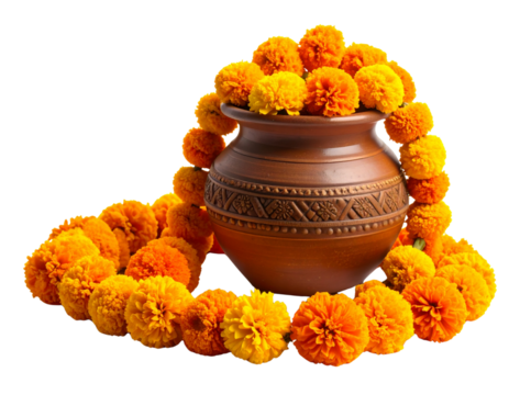Side View of Marigold Garland Loops with Ornamental Earthen Pot Isolated Transparent Background PNG