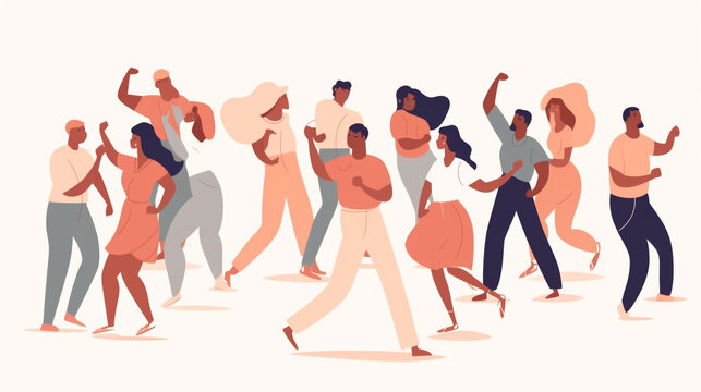 Multi-ethnic group learning salsa in a dance studio, fun and movement, hand-drawn vector style, minimal white background