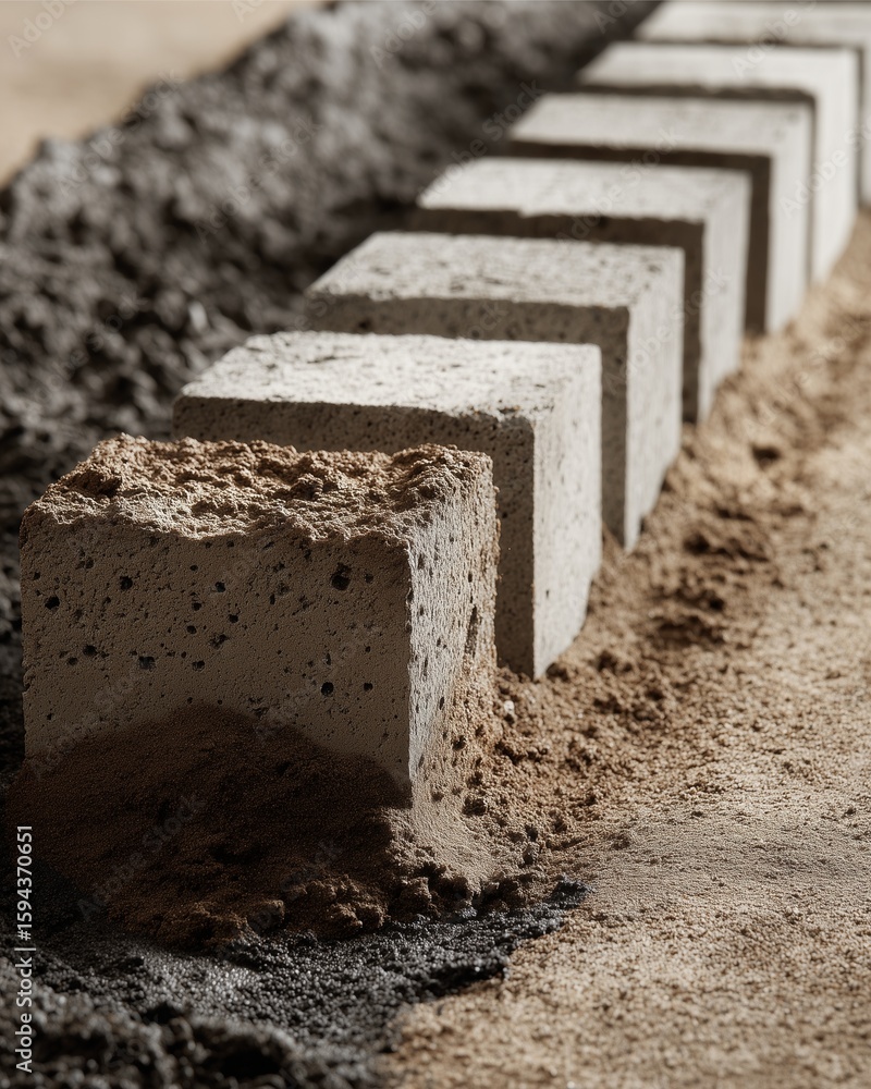 Poster concrete blocks in construction: a row of pristine, raw concrete blocks meticulously aligned, showca
