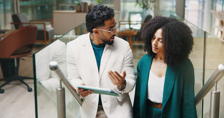 Talk, stairs or business people with tablet for feedback, investment research and budget....