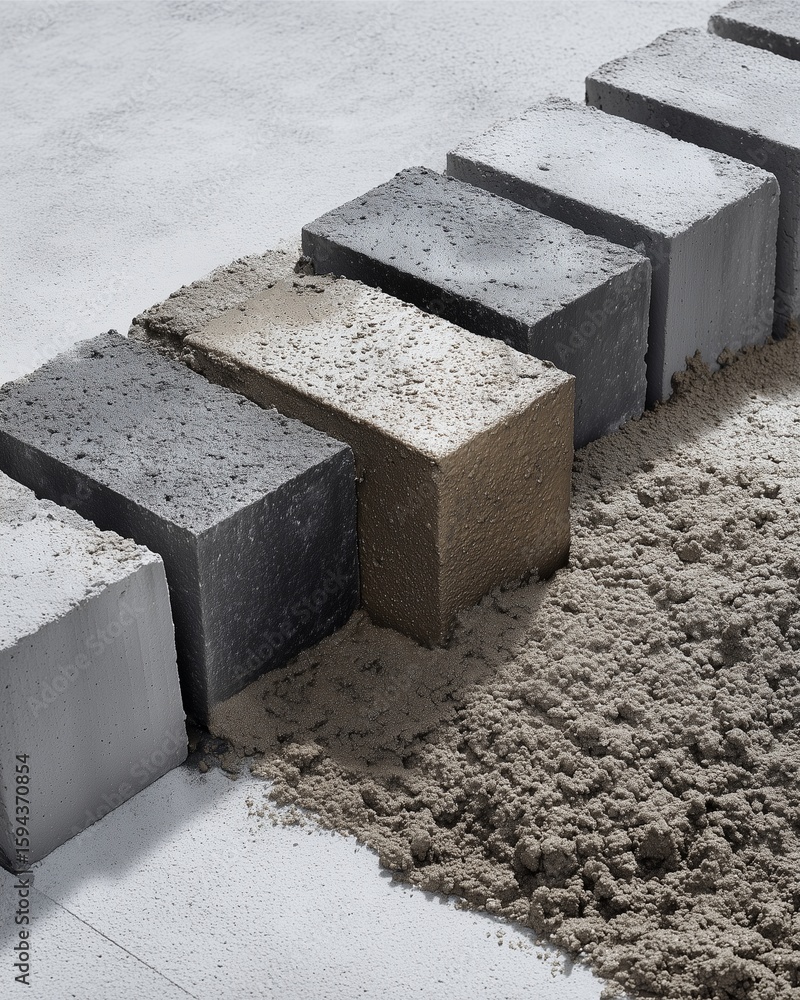 Poster aligned blocks in construction: an array of meticulously arranged concrete blocks in various shades 