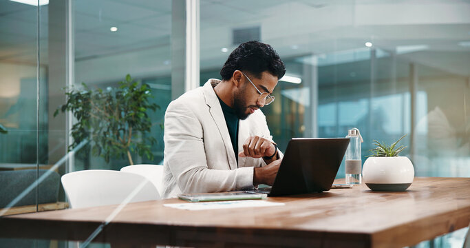 Businessman, watch and laptop for appointment, feedback and schedule in office. Employee, HR manager and person with time check, planning and project management for research proposal or report review - Powered by Adobe