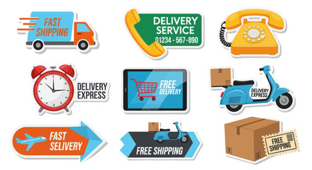 Delivery Vector Illustration Efficient Express Free Shipping for Online Shop & E-commerce with Courier Services Bike, Motorcycle, Truck, Handcart