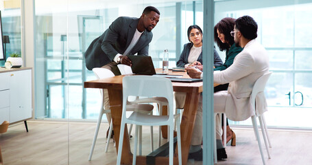 Business people, team and laptop for planning in office, insurance proposal or feedback. Manager,...