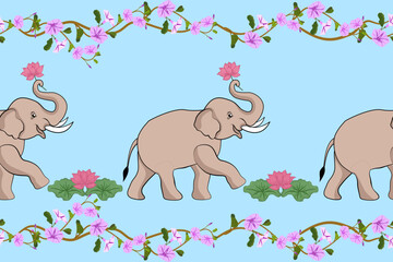 Seamless pattern of pink lotus holding elephants decorated with purple morning glory vines, suitable for decorating the edges of fabrics or various decorative designs.