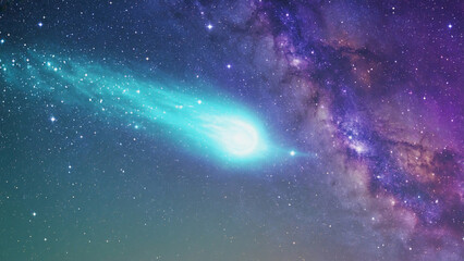 Fototapeta premium Glowing comet trail across the Milky Way, cosmic style background illustration. Ai generated.