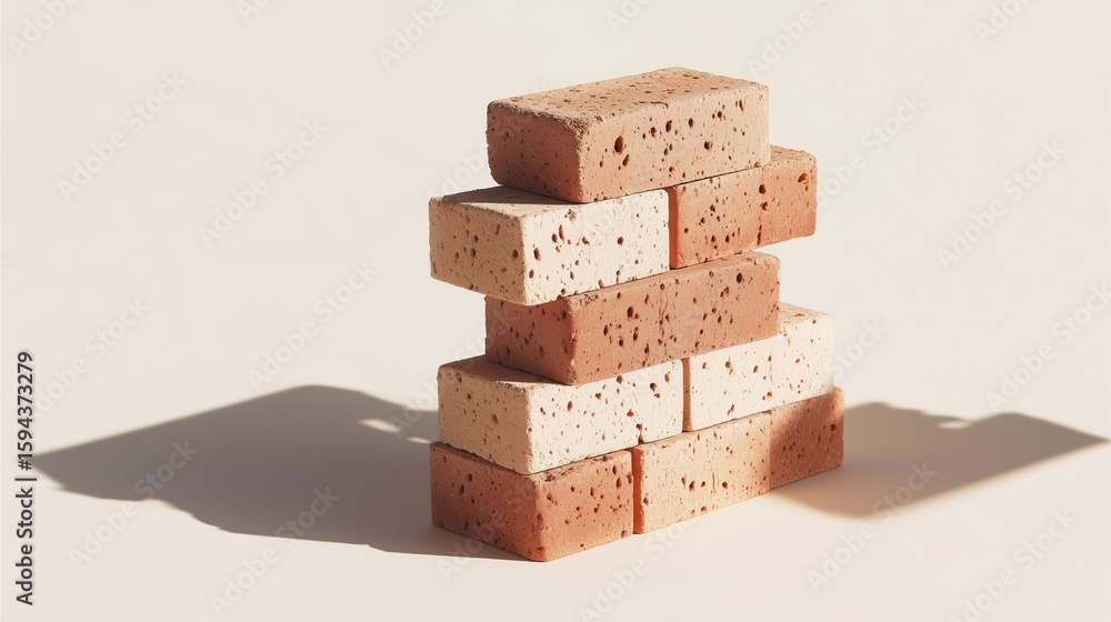 Poster stack of bricks: a precise arrangement of textured clay bricks, displaying a combination of warm hue
