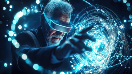 An old man interacts with a neural network display and the glowing connections of AI. The concept of technology, and the fusion of human intellect with advanced machine learning. Generative AI.