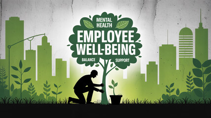 Nurturing Employee Well-being: A symbolic illustration of employee well-being and mental health, featuring a silhouette of a person planting a tree amidst an urban backdrop.