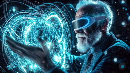 An old man interacts with a neural network display and the glowing connections of AI. The concept of technology, and the fusion of human intellect with advanced machine learning. Generative AI.