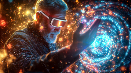 An old man interacts with a neural network display and the glowing connections of AI. The concept of technology, and the fusion of human intellect with advanced machine learning. Generative AI.