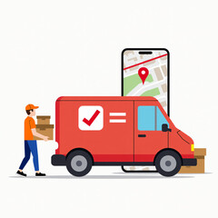 Fast delivery by van truck parcel mail service with tracking smartphone mobile phone map app on screen. Cargo shipping man holding box package gift. Express online freight order. E-commerce concept.