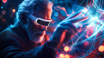An old man interacts with a neural network display and the glowing connections of AI. The concept of technology, and the fusion of human intellect with advanced machine learning. Generative AI.