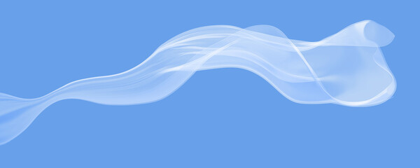 Transparent white fabric flying in the wind isolated on light blue background 3D render