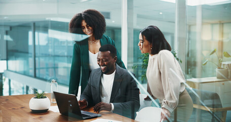 People, meeting and mentor with laptop in office of accounting, training and financial feedback....