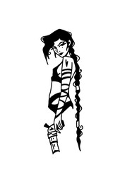Anime-style woman with long braid and gun, strong and edgy character