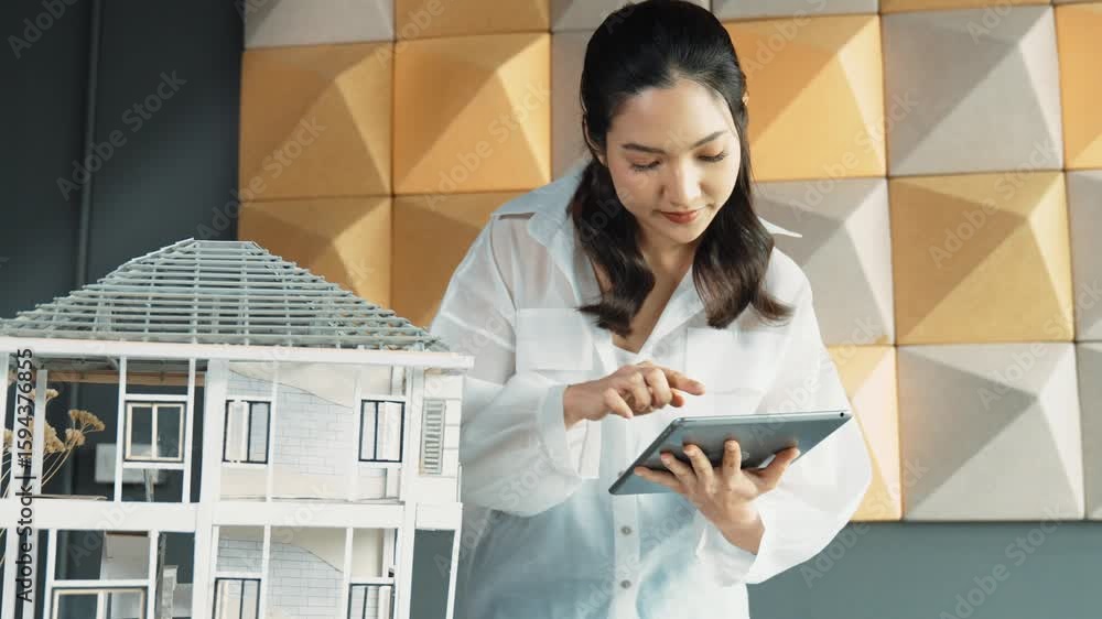 Aufkleber beautiful project manager using tablet check house model. portrait of architect engineer inspect bui