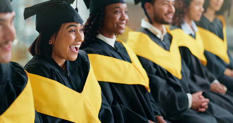 College, success and smile with woman at graduation for alumni ceremony, achievement and diploma...