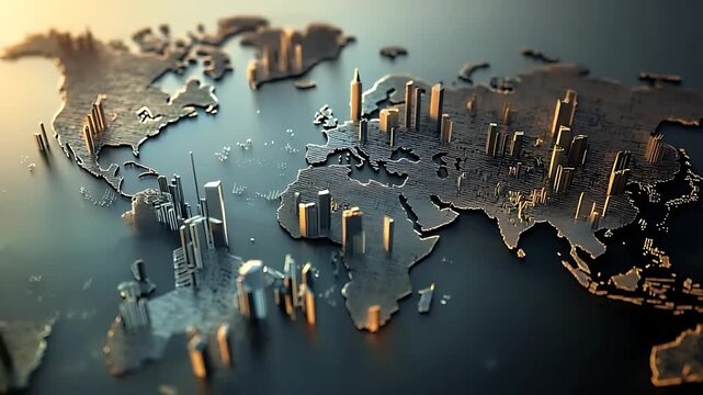 3D rendering of a world map with city skyscrapers emerging from the surface, showcasing global urbanization