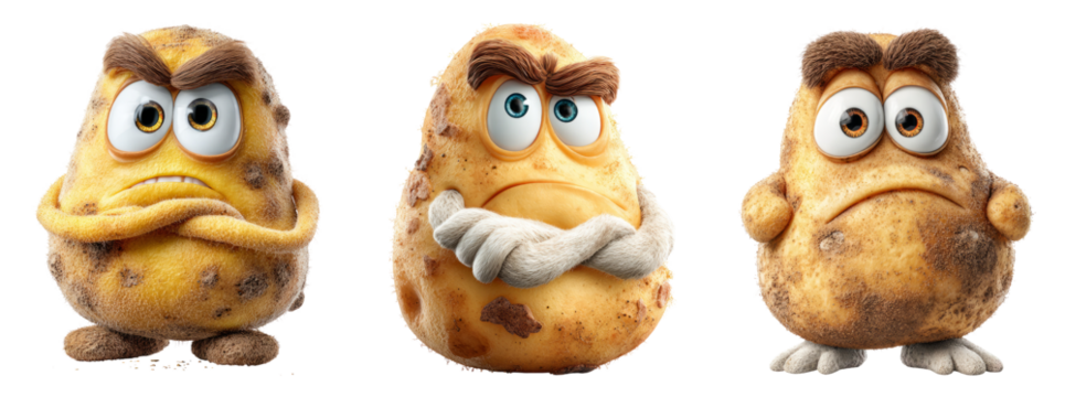 Three Cartoon Potatoes with Expressions on Transparent Background