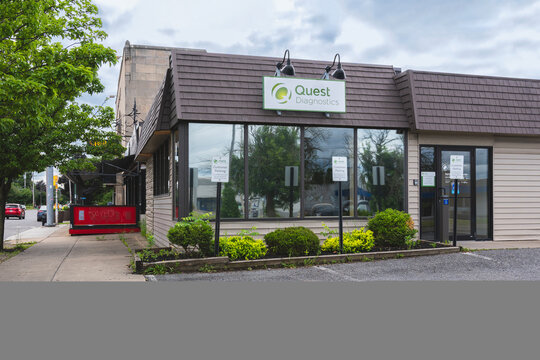 Utica, NY - Jul 8, 2025: Closeup of Quest Diagnostics, is a leading provider of diagnostic information services, offering a wide range of clinical laboratory tests and services. They are a Fortune 500