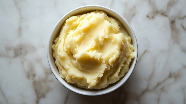 Bowl of Creamy Mashed Potatoes on Marble Surface