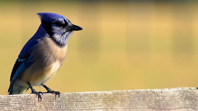 Blue jay with black beak sits on graying wooden fence, looking left, with muted yellow background