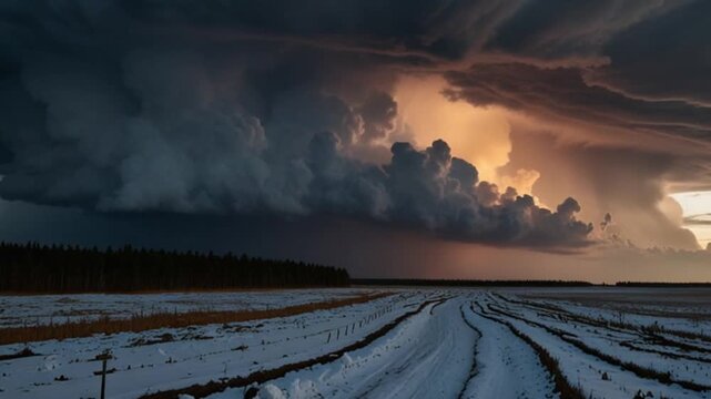 Dramatic winter storm over a snowy field