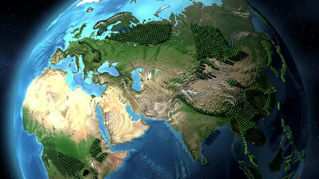 Earth viewed from space, showcasing topography and concentrated groupings of small trees