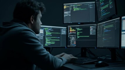 Man programmer coding with multiple computer screens. Developer working late at night. Online data processing and cyber security. - Powered by Adobe