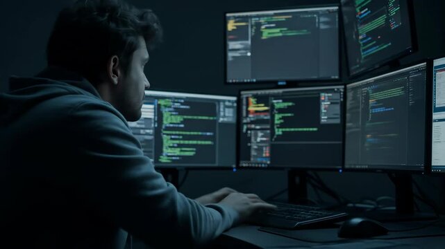 Man programmer coding with multiple computer screens. Developer working late at night. Online data processing and cyber security.