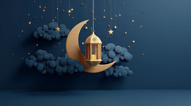 Golden lantern hanging from crescent moon, surrounded by stylized clouds and stars against a deep navy background