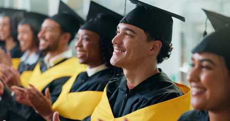 Happy man, applause and graduation with celebration at university for achievement, goal or...