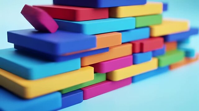 Colorful rectangular building blocks stacked as a wall on light blue background