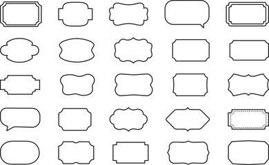 Obraz premium 25 Unique Black and White Vintage and Modern Label Frame Vector Icons in Minimal Hand-Drawn Line Art Style – Editable Decorative Borders for Packaging, Branding, and Design Projects