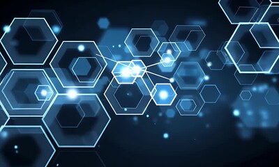 Blue technological background with hexagons and glowing elements for digital presentation or banner design, blue background, tech vector concept illustration - Powered by Adobe