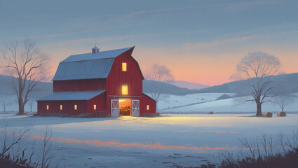 Red barn winter landscape snow scene farm rural countryside scenic painting peaceful evening light trees