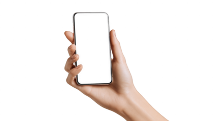 A hand holding a cell phone with a white background