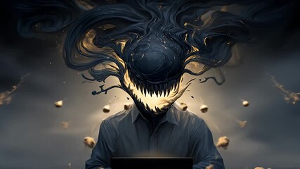 Demonic Entity Manifesting Over Person at Desk