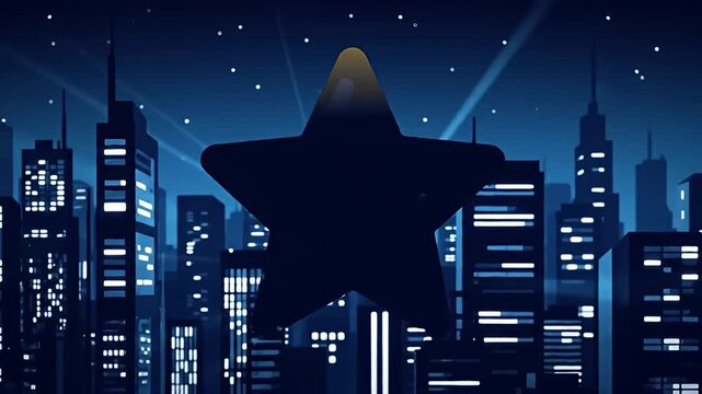 A sad star floats over a city skyline at night