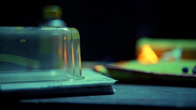 A clear, plastic container sits atop a stack of papers in a dimly lit space